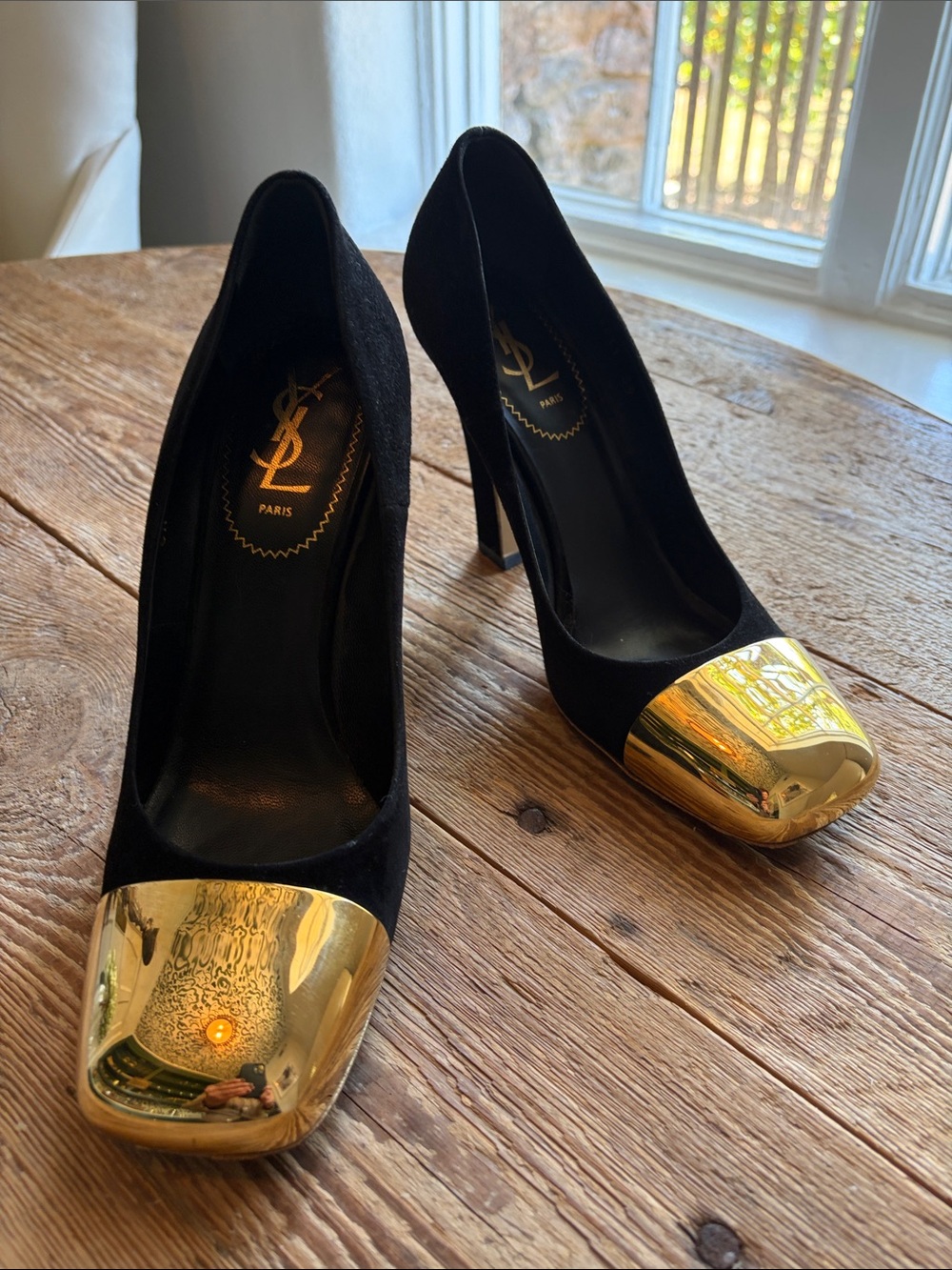 Yves Saint Laurent Black Suede Pumps with Gold Cap Toe